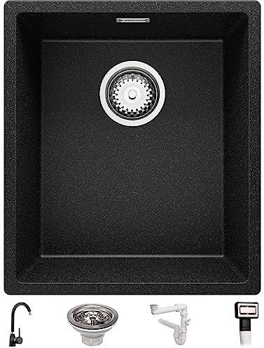 Fregadero bajo Encimera Grafito 41x47cm, Granito 1 Seno + Sifón + Grifo, Al mueble 45cm - London de Primagran