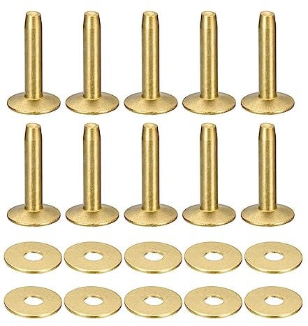 sourcing map 10 Set Brass Rivets and Burrs, 9x3.3x21mm Solid Leather Brass Rivet Fastener for Leather DIY Craft Supplies, Gold Tone