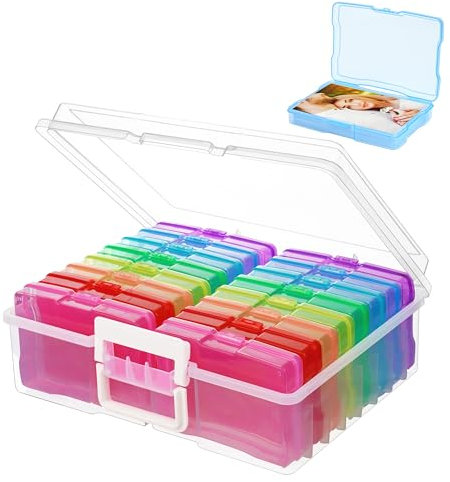 Winter Shore Fotobox Storage Box mit 16 Innenhüllen - Fotoboxen Aufbewahrung für 10 x 15 cm Fotos, Aufkleber, Karten, Bastelbedarf, Andenken - Tragbare Kunststoffbox mit Individuellen Behältern