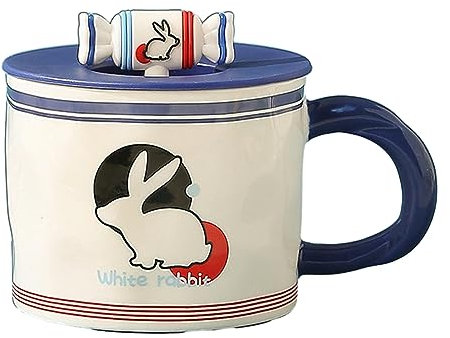 CAPIJIONG 430ml Creative Big White Rabbit Mug Microwave Oven Can Use Milk Candy with Lid Ceramic Large Capacity Couple Breakfast Cup-(Big White Rabbit)+Silicone Cover