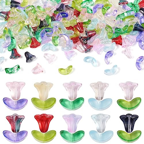 Beadthoven - Kit di 200 perline di vetro a forma di orchidea con fiori, foglie e campane, per la creazione di gioielli, trasparenti, sfuse