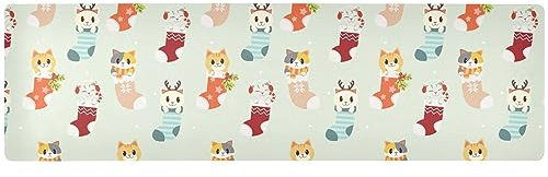 Simle Katzen in Weihnachtssocken mit Zuckerstange Stechpalme, lange Untersetzer für heiße Töpfe und Pfannen, Geschenke, Hitzeschutzkissen, Küche, wasserdichte Matte für heiße Teller, 100 x 30 cm