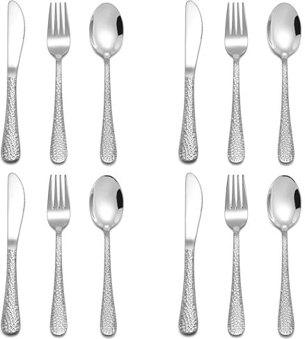 Joyfair 12 Pcs Kids Cutlery Set, Stainless Steel Hammered Child Eating Utensils Set, Medium Children Flatware Include 4 Forks/4 Spoons/4 Safe Knives, Healthy & Reusable, Nonslip & Dishwasher Safe