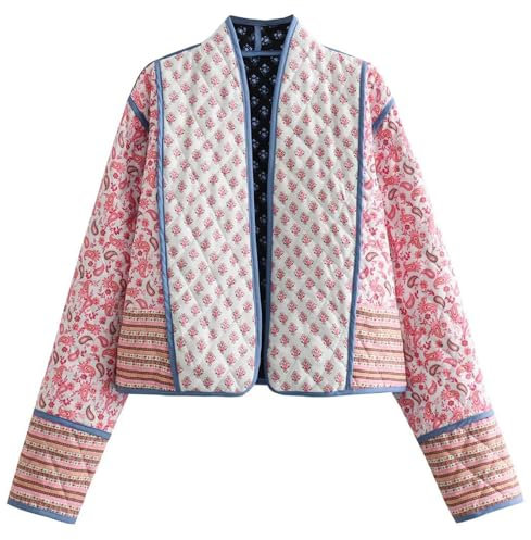 Wyeysyt Veste matelassée courte pour femme - Cardigan imprimé floral - Manches longues - Avant ouvert - Court rembourré - Manteaux matelassés, Rose, M