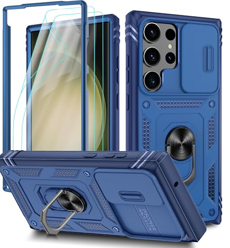 Pilaru 3 in 1 for Samsung S23 Ultra Case | With Front Frame | [Separate] 2 Screen Protectors & Kickstand Ring & Camera Cover Military Grade Drop Shockproof Protection for Galaxy S23 Ultra,Blue