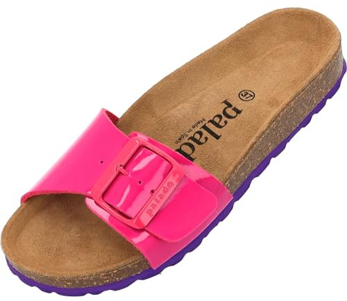 Palado Pantoletten Damen Malta EGS Lack – bequeme Sandalen Made in Spain - Hausschuhe mit dämpfendem Kork-Fußbett - modische Sommerschuhe Pink/Lila UK6 - EU39