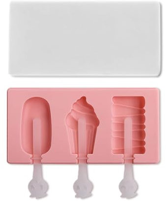 Stampo per ghiaccio sul gambo, in silicone, per gelato, 3 celle, forma per gelato, forma rettangolare, rosa, senza BPA, per torte, pop, lolly con coperchio e 3 steli per dessert fai da te