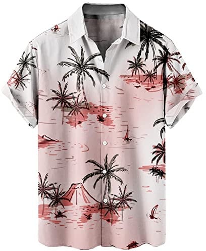 WKAYsIV Button Down Summer Shirt Coconut Tree 3D Printing Outdoor Street Print Top Fashion Design Casual Men's Shirt Running Compression Sleeve Pink
