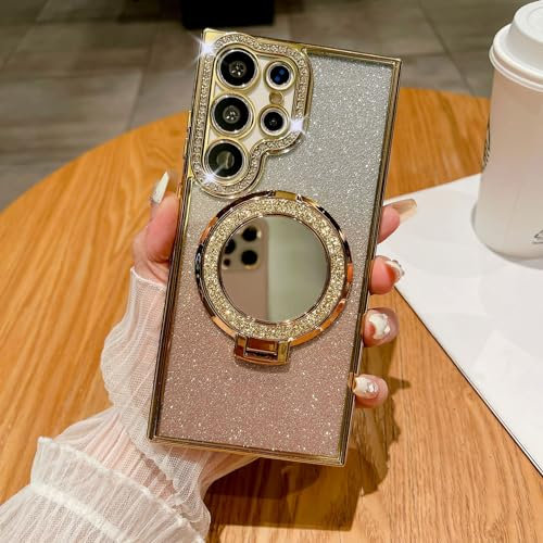 Altartar Magnetisch Handyhülle für Samsung Galaxy S24 Ultra Glitzer Hülle mit Ständer,Glitter Handyhülle Samsung S24 Ultra Spiegel Makeup Schutzhülle Ultradünn Transparent Case Cover-golden