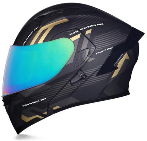 Woljay Full Face Flip Up Motorcycle Modular Helmet Integrated Motorbike Dual Visor for Adults Men Women Moped Street Racing DOT Approved (L,Count Black Gold - Multicolor Visor)