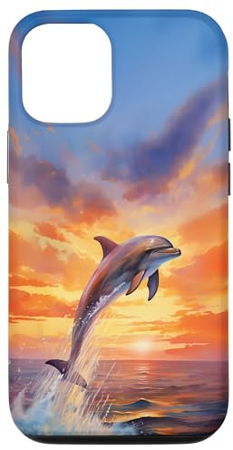 Hülle für iPhone 12/12 Pro Delphin springender Sonnenuntergang über Ozean Aquarellkunst