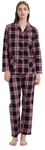 GLOBAL Femme Pyjama Flanelle Manches Long Ensembles de Pyjama Coton Chemises de Nuit Bouton Chaleureux Vêtements de Nuit Confortable Carreaux Rose Bleu XL