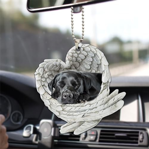 Talataca Schwarzer Labrador Retriever Schlafender Engel Flügel Gedenkhund 2D Flach Auto Rückspiegel Zubehör Weihnachtsbaum Ornament Dekoration Hängender Charme Innen Rückansicht Anhänger Dekor