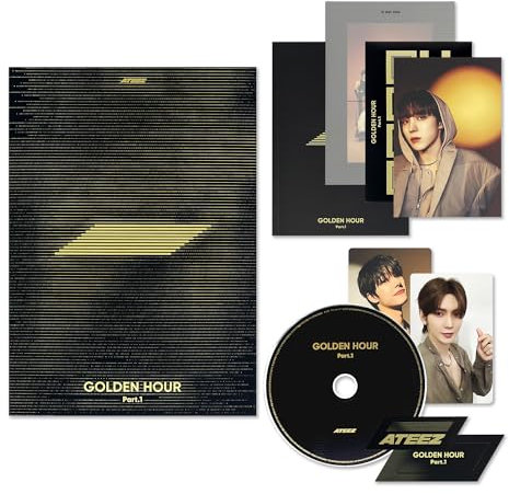 ATEEZ - [GOLDEN HOUR : Part.1] (GOLDEN HOUR Ver.) Invitation + Photo Frame + Postcard Set + Envelope + Photobook + Postcard + Photocard + Sticker + Bookmark + Disc + 2 Pin Badges + 4 Extra Photocards