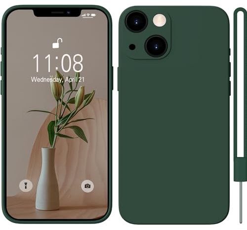 HGH für iPhone 13 Mini Hülle Silikon mit Lanyard, Handyhülle für iPhone 13 Mini Case Dünne Rundumschutz mit Weichem Microfiber-Innenfutter Kratzfest Schutzhülle für iPhone 13 Mini 5.4 Dunkel Grün