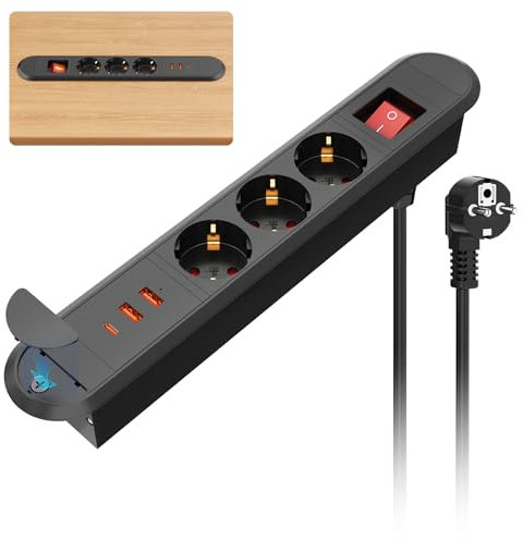 Prise Encastrable Plan de Travail USB C PD20W, Prise Encastrable de Table avec 2 USB-A, Bloc Prise Encastrable avec Interrupteur et Câble 2m, Prise de Table, Multiprise pour Meuble, Noir