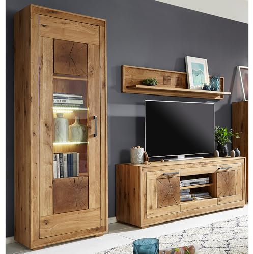 Lomadox Wohnmöbel Set Wohnwand Wildeiche massiv geölt montiert 3-teilig Modern, Wandboard, Lowboard, Vitrine