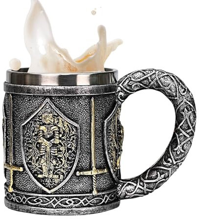 Jvjggag Kaffeebecher, Keramikbecher, mittelalterlicher Becher, Bierkrug für Mittelalter, personalisierbar, doppelwandiger Krug mit Griff, mittelalterliche Cocktailbecher für Bier und Kaffee