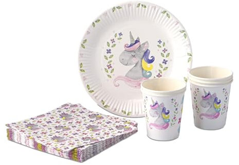 ECOFIESTA 52 piezas Juego de vajilla desechable para cumpleaños infantil unicornio - platos cumpleaños sin plástico - vasos cumpleaños infantil
