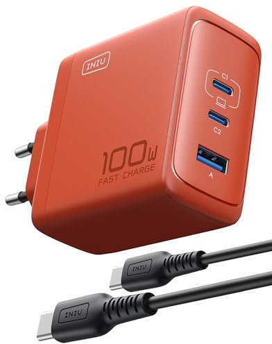 INIU 100W USB C Caricatore, GaN Ⅲ Alimentatore, 3-Porto PD Caricatore Rapido, Compatto e Salvaspazio, Caricabatterie USB da Muro per MacBook ipad Pro/Air, iPhone 16 Pro Max, Samsung S24 Ultra, Tablet