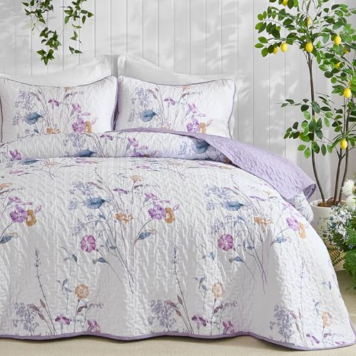 WONGS BEDDING 3 Pieces Quilt Set King Size, Purple Floral Botanical Plants Pattern Bedspread Coverlet Set with 2 Pillowcases, Soft Lightweight Microfiber Bedding Set for All Season(104×90)