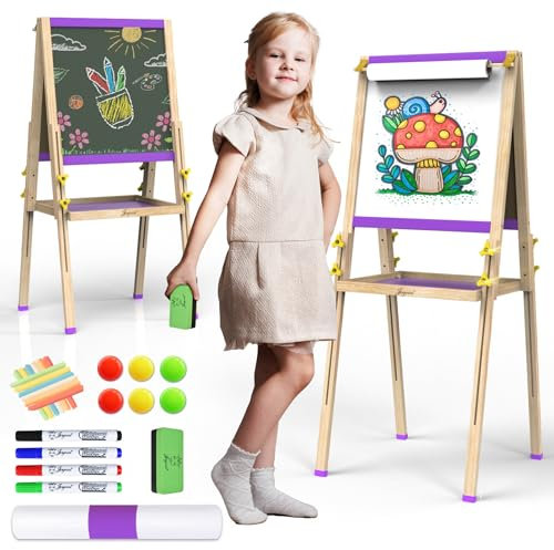 Joyooss Kunststaffelei für Kinder, verstellbares stehendes Holz-Zeichenbrett für Kleinkinder, doppelseitig, trocken abwischbar, mit Malzubehör, Geschenk und Kunstbedarf für Kleinkinder (106PURPLE)