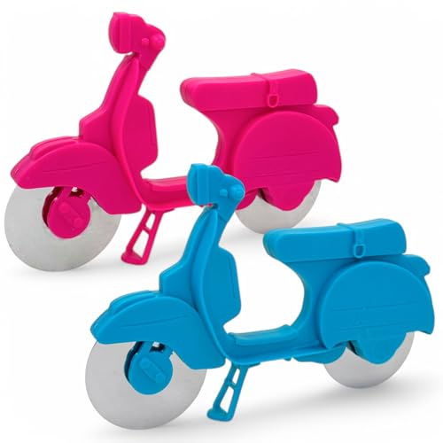 MIJOMA Pizza Schneider Motorroller – Trendiger Pizzaroller im Scooter-Design, Edelstahl Pizzarad, Pizzaschneider mit Ständer, spülmaschinenfest (2, Pink & Blau)