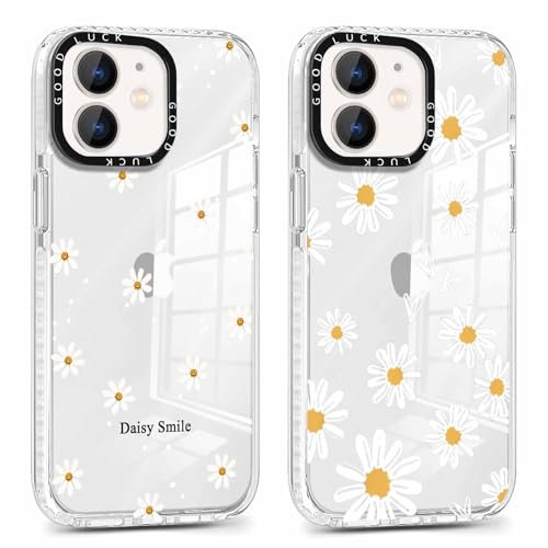 Foonary 2 Pack Clear Flowers Print Phone Case for iPhone 12 Mini 5.4, with Daisy Design Aesthetics Transparent Pattern Soft Silicone Cases,Shockproof Bumper Protector Girls Cover, for iPhone 12 Mini