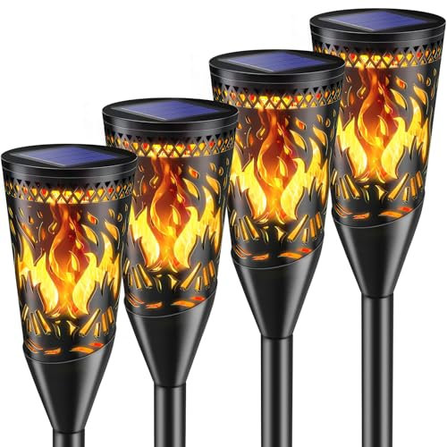 FIFlying Solarlampen für Außen Garten, 2 Lichtmodi Solar Gartenfackeln mit Realistischem Flammeneffekt,IP65 Wasserdicht Solarfackeln für Draußen,Weg,Terrasse, Camping, Rasendeko-4 Stück