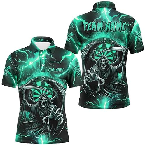 Outfitsuche Personalisierte Türkisfarbene Grim Reaper 3D Dart Team Trikot mit Blitz- und Donnerdesign für Herren & Damen Leistungsdarts Trikot T2800