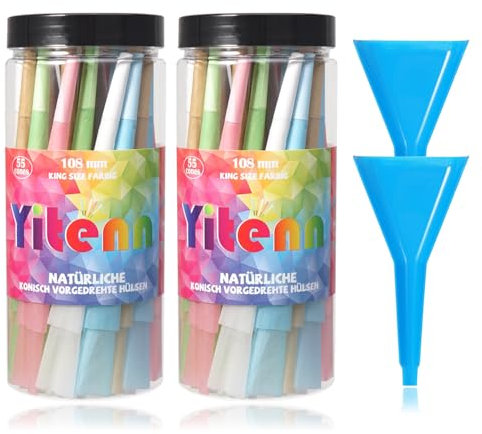 YiTenn 110 stück Premium Cones, 5 Farben, 108mm King Size Konisch Vorgedrehte Hülsen, mit Packschläuchen Enthalten und 2 Trichter (110 Stück)