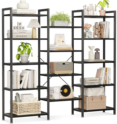 Coleshome 5 Ebenen Bücherregal, Industrie Raumteiler 145x126cm Schwarz | Regale 3 Reihen 5 Ebenen 14 Ripiani Kippschutz Raumteiler Ideal zum Präsentieren Bücher Pflanzen Deko Wohnzimmer Büro