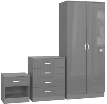 Nera High Gloss Bedroom Furniture Set 3 Piece Set with Wardrobe Chest of Drawer Bedside Table Bedroom Storage (Gloss Grey(Matt Grey))