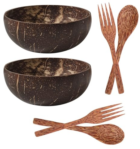 OuLi Store Set mit 2 Schalen aus Kokosnuss + 2 Löffel + 2 Gabeln, handgefertigt, natürliche Schüssel für Müsli, Smoothie, Geschenk zum Basteln
