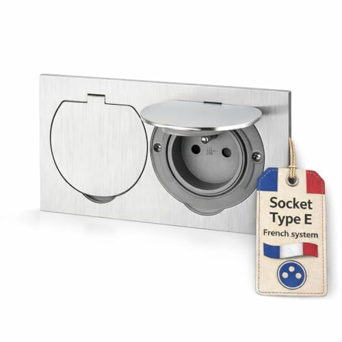 Edelstahl Doppel Einbausteckdose, Bodensteckdose IP55, Klappdeckel, Steckklemme, Typ E Französisch