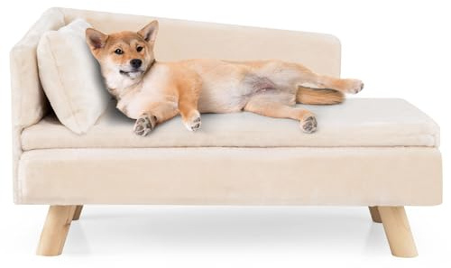 GYMAX Canapé pour Chiens Chats d'Intérieur, Lit Rembourré avec Oreillers et Coussins, Dossier Haut, Panier Chien avec Pieds en Bois de Pin, pour Animaux de Taille Moyenne et Petite (Beige)