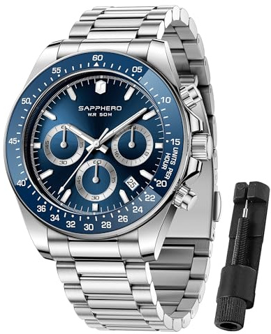 SAPPHERO Uhren Herren Chronograph Analog Quarz 50M Wasserdicht Armbanduhr Herren Mode Lässig Business Herrenuhren mit Kalender Edelstahlarmband Uhr Geschenk für Männer