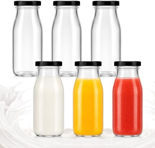 GKLILOV Glass Milk Bottles With Lids, 6 Pcs Glass Juice Bottles, 8.5oz/250ml Reusable Milk Bottle Glas Bottless Shot Bottle for Juices Syrup Sauces Smoothies and Sauces (black)