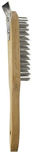 HARD WIRE BRUSH. HARD WOOD. METAL BRISTLES. SCRAPER. HANG HOLE. 4 ROW. SCRATCH.