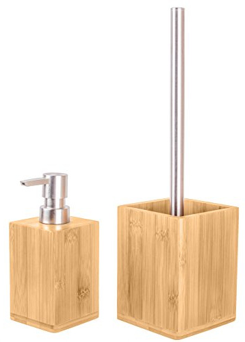 Modernes Badezimmer Set, Seifenspender mit passender WC Bürste, natürlicher Bambus, Elegantes Design, pflegeleicht, Bambus Set