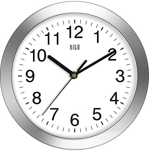 Hito, geräuschlose Wanduhr, batteriebetrieben, ohne Tickgeräusche, mit Glasabdeckung und silbernem Aluminiumrahmen, ideal für die Dekoration von Wohnzimmer, Küche, Schlafzimmer oder Heimbüro (25,4 cm)