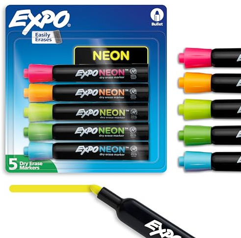 EXPO Neon Dry Erase Markers, Assorted, Bullet Tip, 5 Count - Fun, Vibrant Colors for Whiteboard, Glass, Acrylic, Home Organization