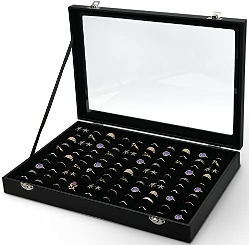 Praknu Ringbox für 100 Ringe - Mit Sichtfenster - Staub- und Kratzschutz - Platzsparend - Ringdisplay für Aufbewahrung und Präsentation vom Schmuck