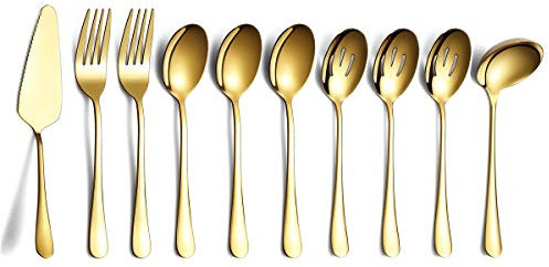 Cubiertos para servir de oro de 10 piezas, juego de utensilios para servir de acero inoxidable, incluye servidor de tartas con cuchara para servir ranurada, tenedor para servir, cucharón de sopa Etc