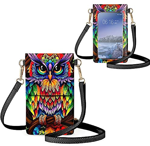 Biyejit Kleine Umhängetasche für Damen, Handy-Schultertaschen, Kartenhalter, Geldbörse, Touchscreen-Tasche, Buntes Eulen-Design, Einheitsgröße