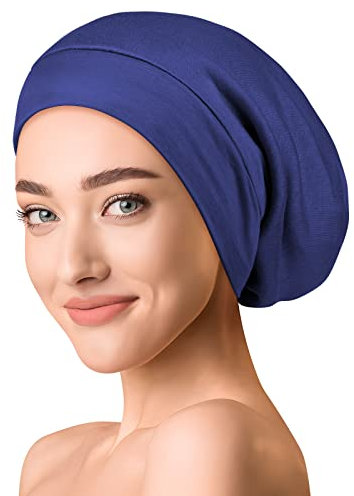 OLESILK Seide & Baumwolle Slouch Beanie Mütze Schlafhaube Seide Chemo Kopfbedeckung dünne leichte und weiche Laufmütze Strickmütze Unisex Jersey Sommermütze verstellbar für Damen & Herren, Capriblau