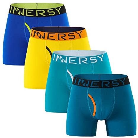 INNERSY Unterhosen Männer Lang Boxershorts mit Eingriff Baumwolle Retroshorts Herren 4er Pack (L, Blau/Grün/Eisblau/Gelb)