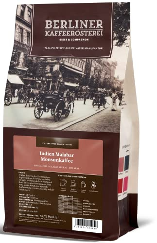 Berliner Kaffeerösterei - Indien Malabar Monsunkaffee (250g / ganze Bohne), Röstgrad Kaffee: sehr hell, 100% Arabica Bohnen, Aromaprofil: Nussig