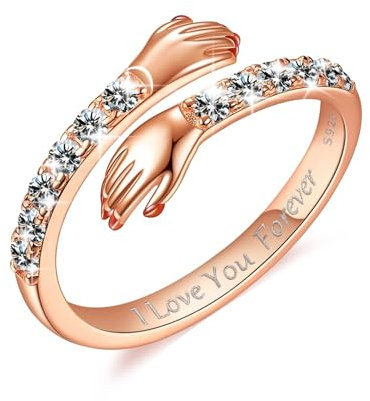 Ring Offen Rosegold Damen, Damenring Silber 925 Mit Zirkonia 5A Verlobungsring Verstellbar Zu Meinem Arm Umarmung Hände Vergoldet -I Love You Forever