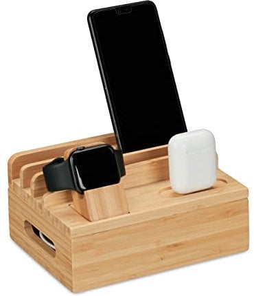 Relaxdays Ladestation, für Apple Watch, Bambus, HxBxT 11 x 17 x 13 cm, Handystation, Tablethalter, Uhrenständer, Natur